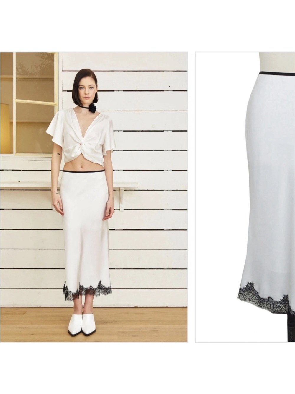 White Maxi Skirt with Black Lace Hem and Waist Trim - Picture 1 of 7